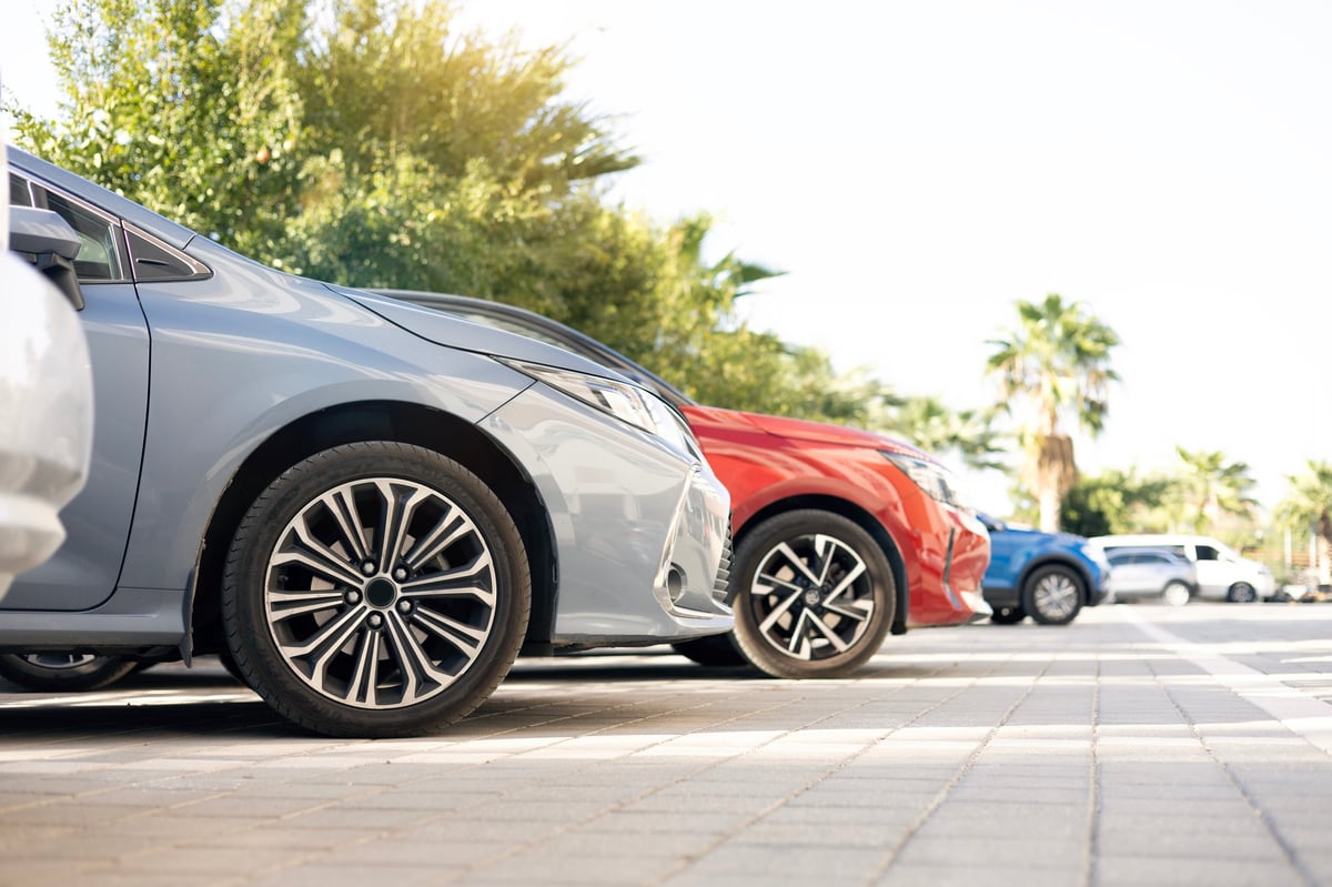 A row of clean rental cars lined up in the Northgate Rentals lot