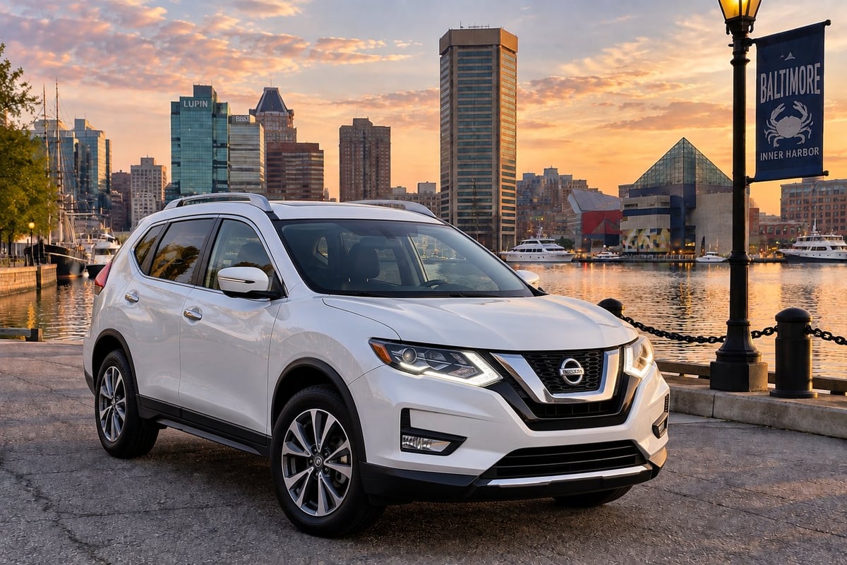 White Nissan Rogue SUV parked on the Baltimore waterfront with the Inner Harbor skyline at sunset