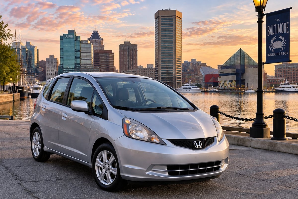 Silver Honda Fit hatchback parked on the Baltimore waterfront with the Inner Harbor skyline at sunset